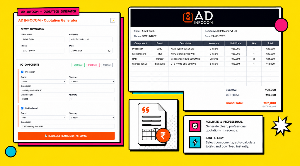 ADInfocom Quote Generator — Business quotation tool built with React and Tailwind CSS