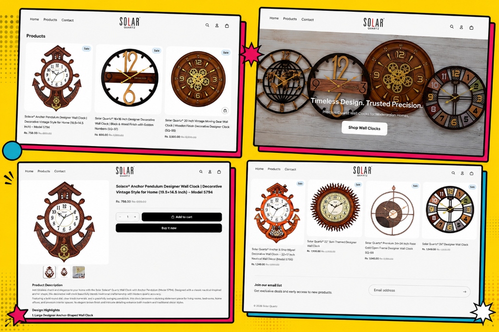 Solar Quartz — Premium decorative wall clocks Shopify store with Amazon listing and digital marketing
